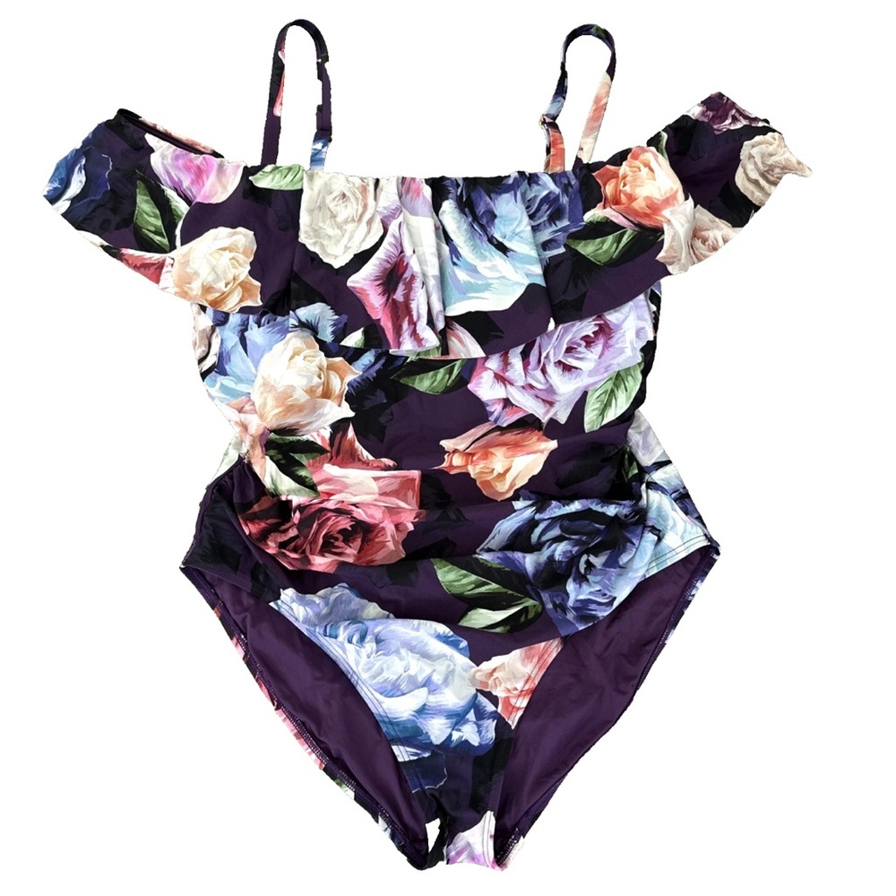 La Blanca One Piece Swimsuit Plus Size 18W Ruffle Bloom Field Off Shoulder Plum